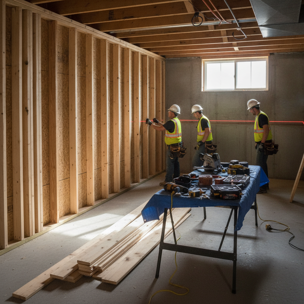 Contractors framing an unfinished basement—basement finishing companies coordinating framing and trades in The Meadows