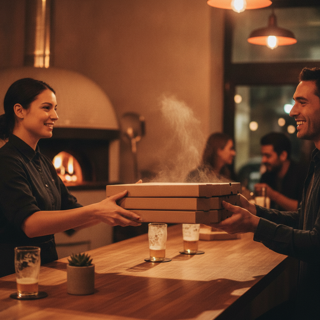 Takeout pizzas in eco-friendly boxes being handed to a customer, showing fast Italian takeout in Kemptville