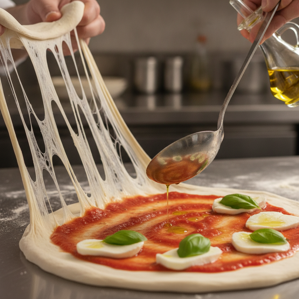 Close-up of hand-stretched pizza dough, tomato sauce, and mozzarella illustrating Italian cuisine techniques