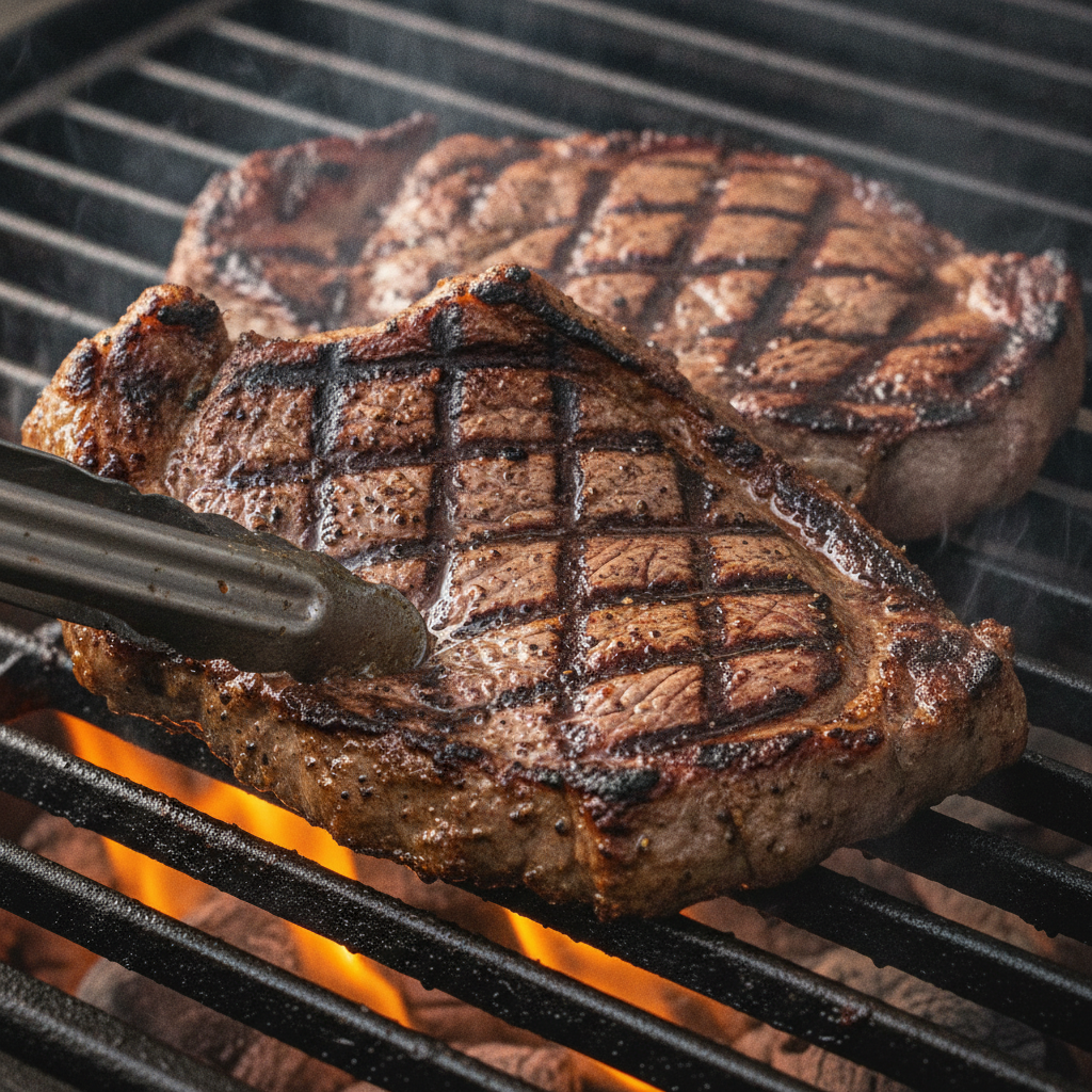 Close-up of sizzling carne asada on grill with char marks and tongs, illustrating how to choose grilled Mexican specialties and doneness cues