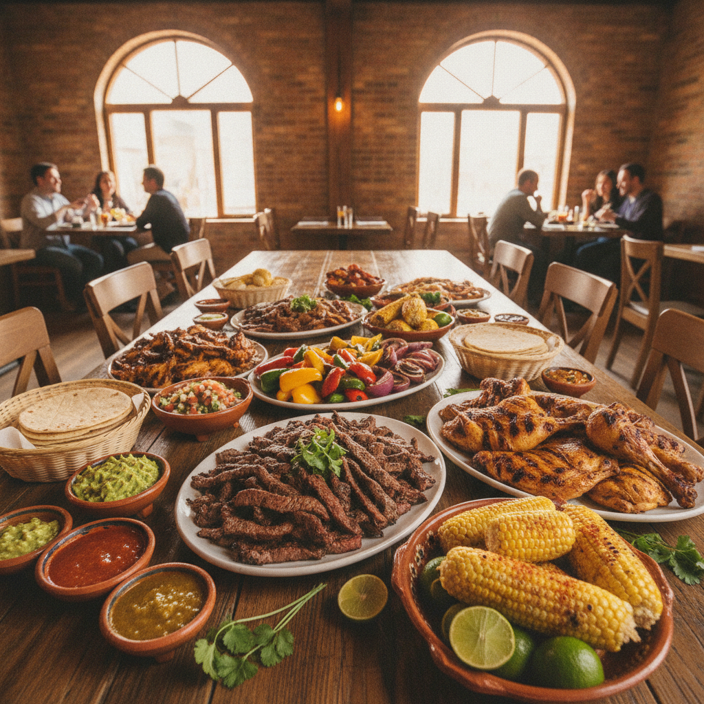 Wide shot of a family-style Mexican grill spread in an Old Toronto restaurant, featuring carne asada, pollo asado, grilled vegetables, and corn