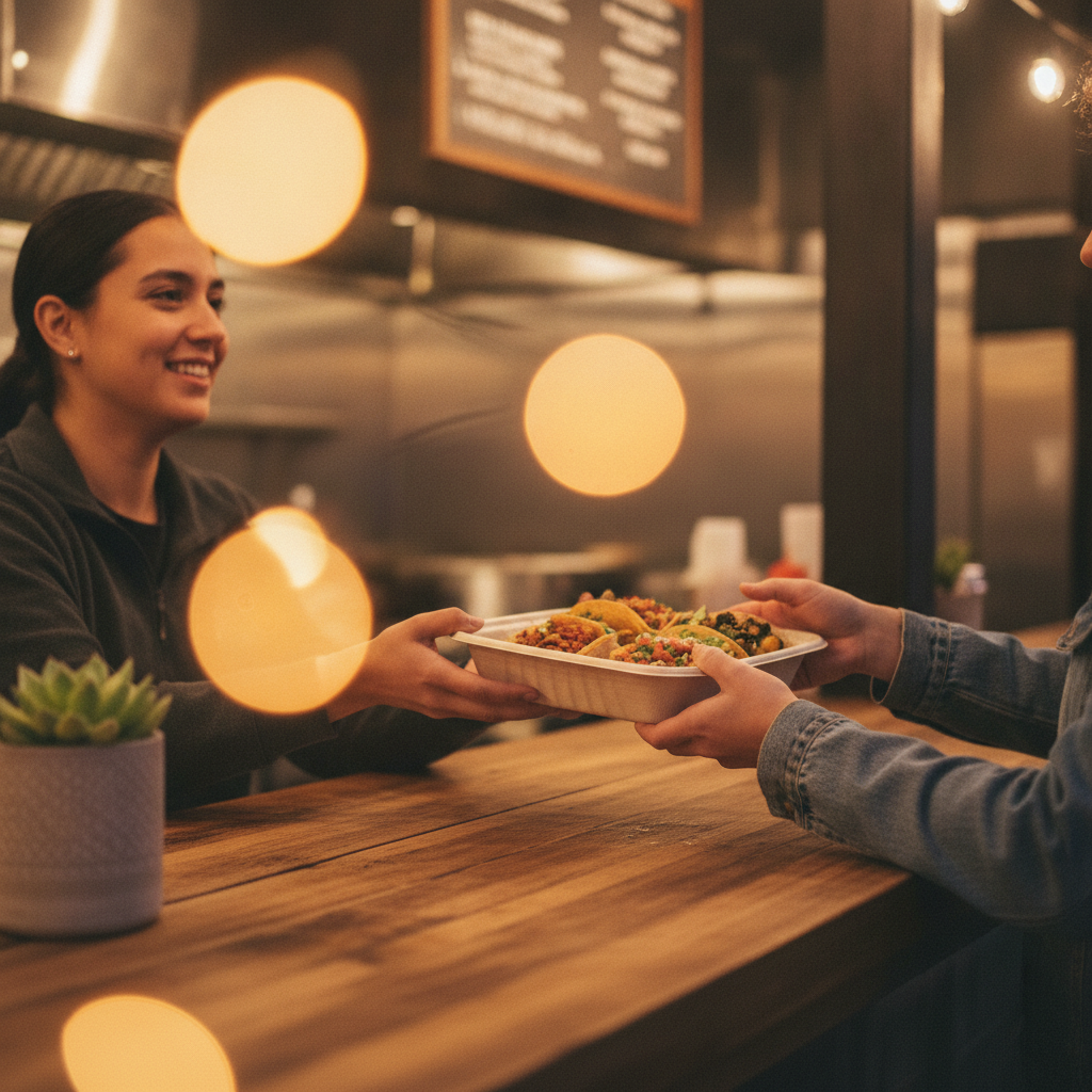 Side-angle of Mexican grill takeout handoff in Old Toronto, showing tacos al pastor and grilled veggies packaged for easy transport