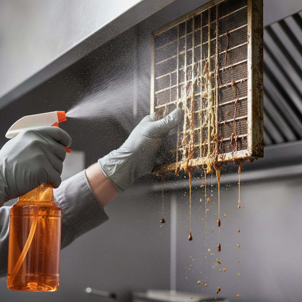 Close-up of a greasy baffle filter removed for professional hood cleaning, showing heavy grease buildup and degreaser spray in a commercial kitchen in Ontario