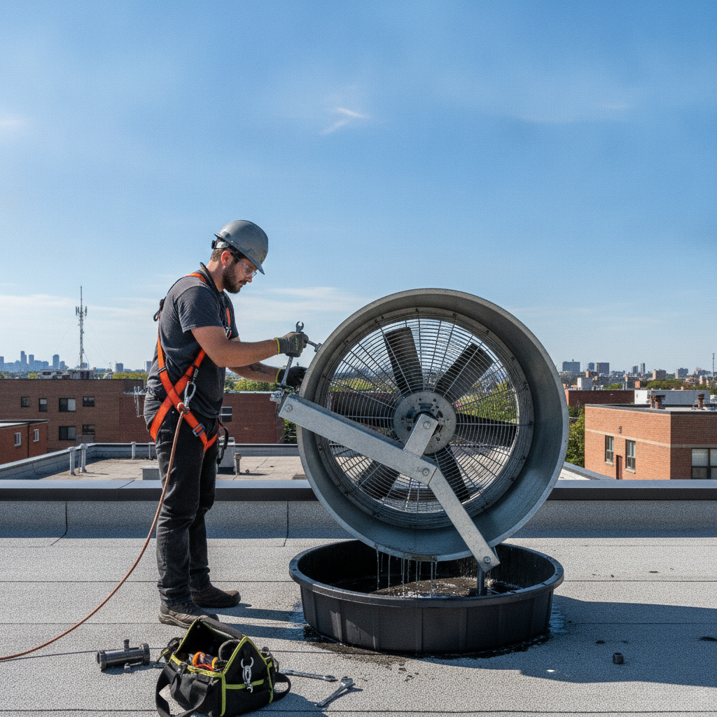 Technician servicing a rooftop restaurant exhaust fan with hinge kit and grease containment on a clear day in Ontario