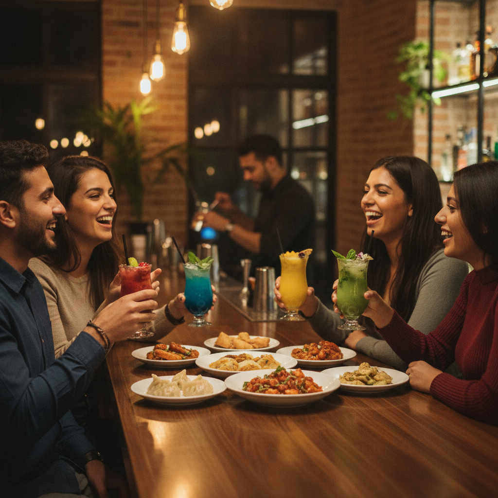 Friends sharing Indo-Chinese appetizers and colorful mocktails during late-night dining in Hamilton Plaza