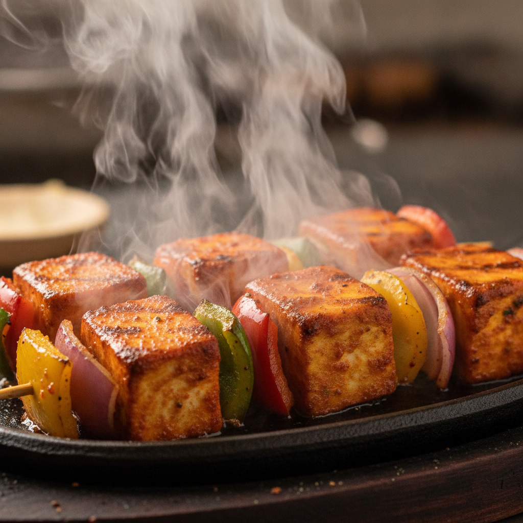 Paneer shashlik sizzler close-up for late-night bar dining in Hamilton Plaza