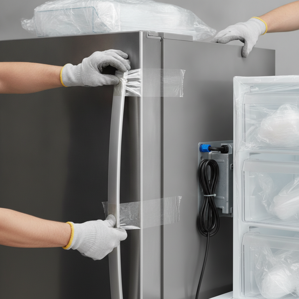 How to move a refrigerator prep: close-up of doors taped, shelves wrapped, water line capped, and power cord secured for safe moving
