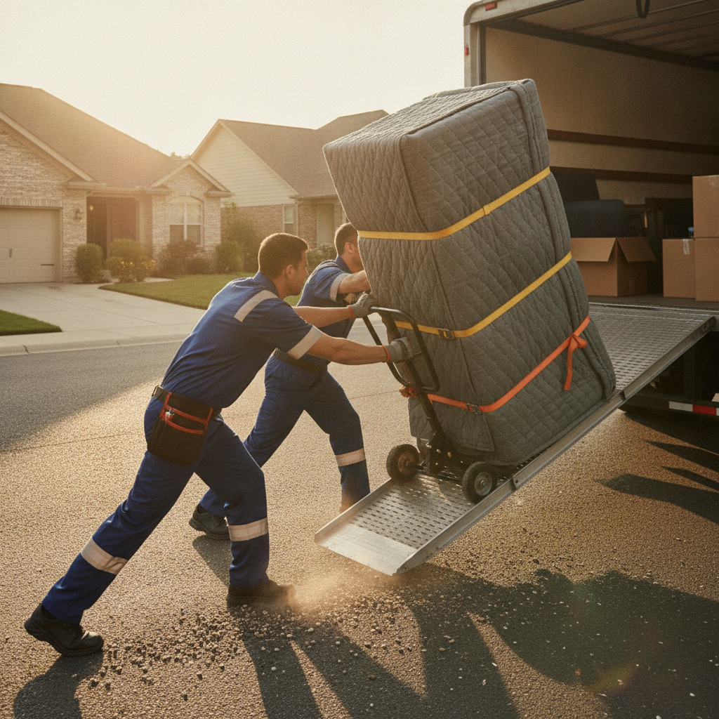 Appliance movers guiding a refrigerator up a truck ramp on an appliance dolly with moving blankets and ratchet straps