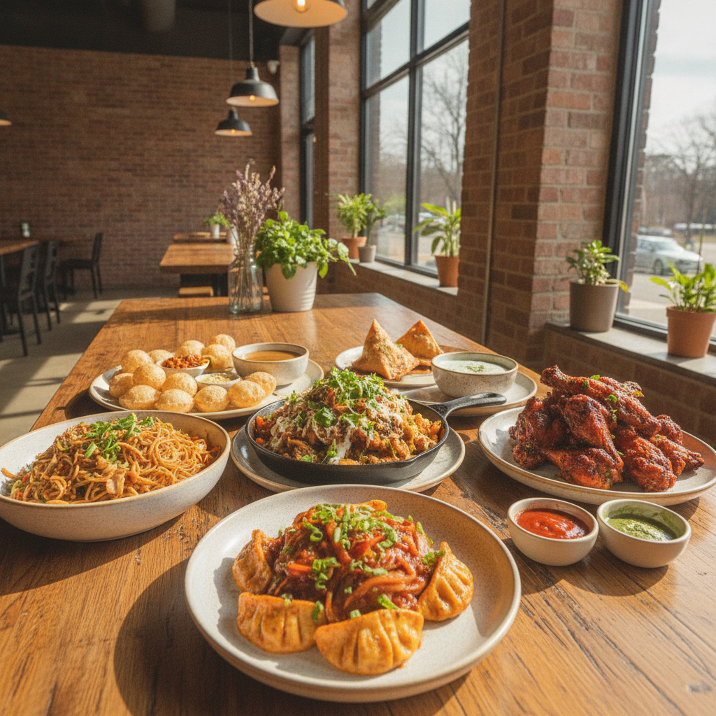 Wide Indian fusion appetizer spread with chaat, tandoori wings, Hakka noodles, and chili momos – Cherry Hill Kitchener context