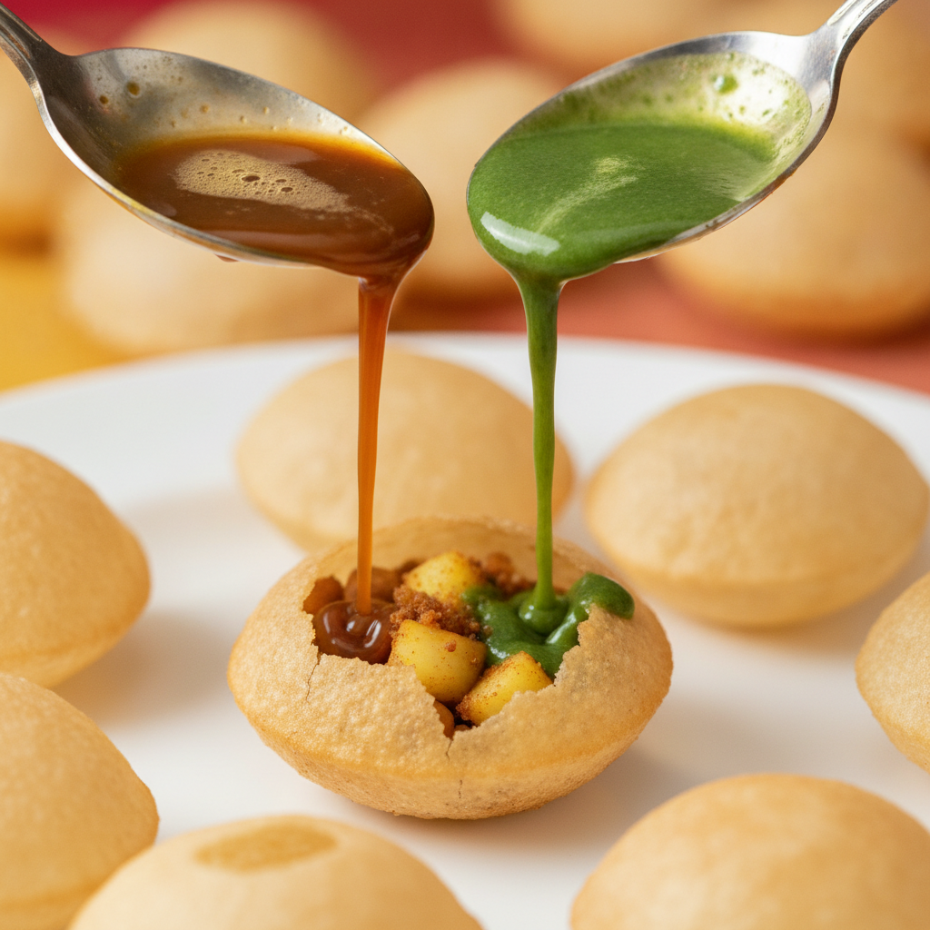 Pani puri close-up being filled with chutneys and chickpeas – Indian fusion appetizer ideas for Cherry Hill