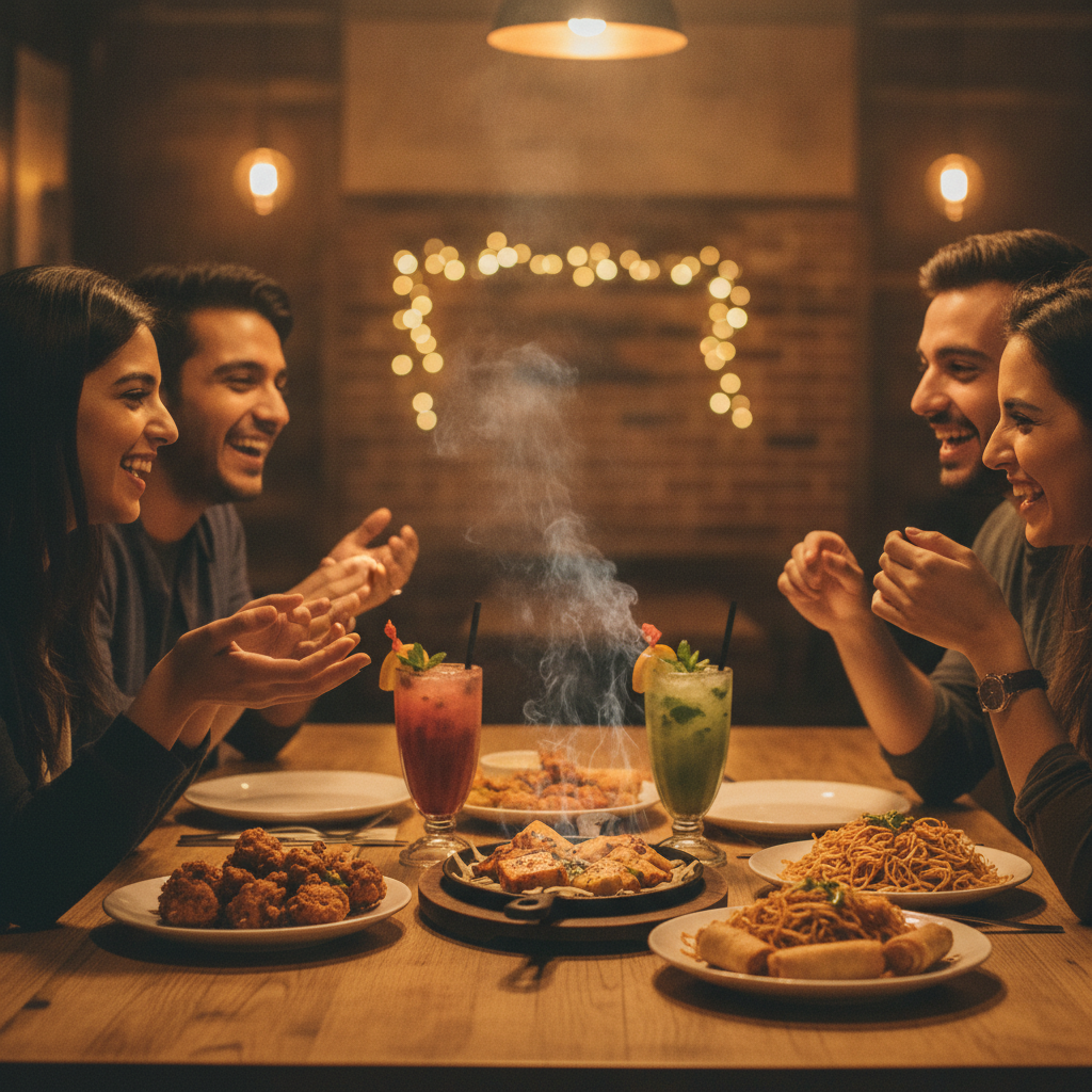 Friends sharing Indian fusion appetizers and mocktails during Happy Hour – sizzling platter and Indo‑Chinese bites