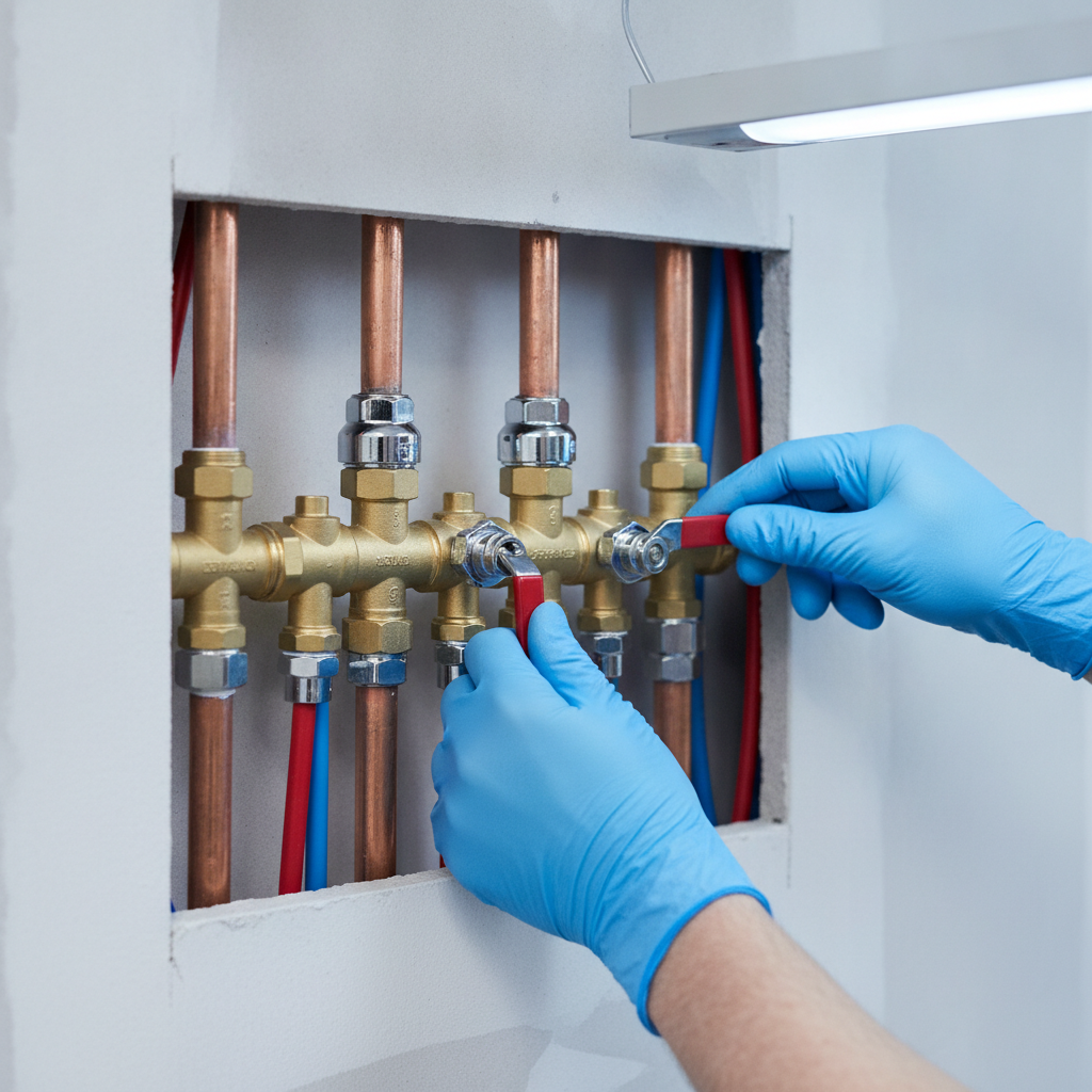 Close-up of PEX manifold and copper tie-in during plumbing adjustments in a London apartment renovation