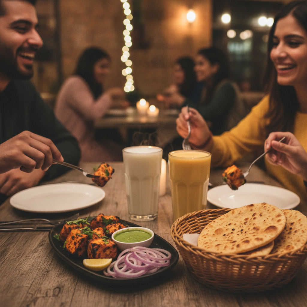 Brampton diners sharing paneer tikka appetizer with kulcha and lassi at a warm Punjabi restaurant table