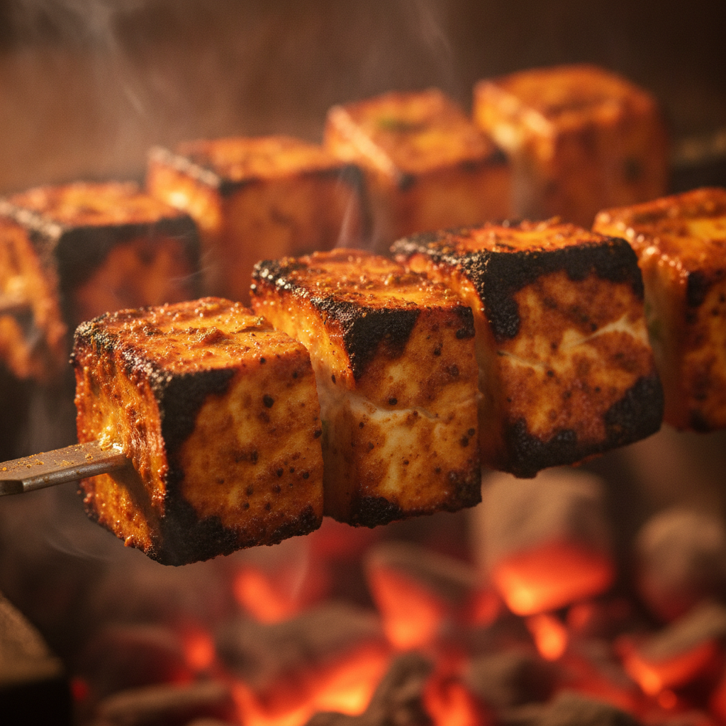 Paneer tikka appetizer close-up with orange-red Kashmiri mirch crust, ghee sheen, and creamy paneer center