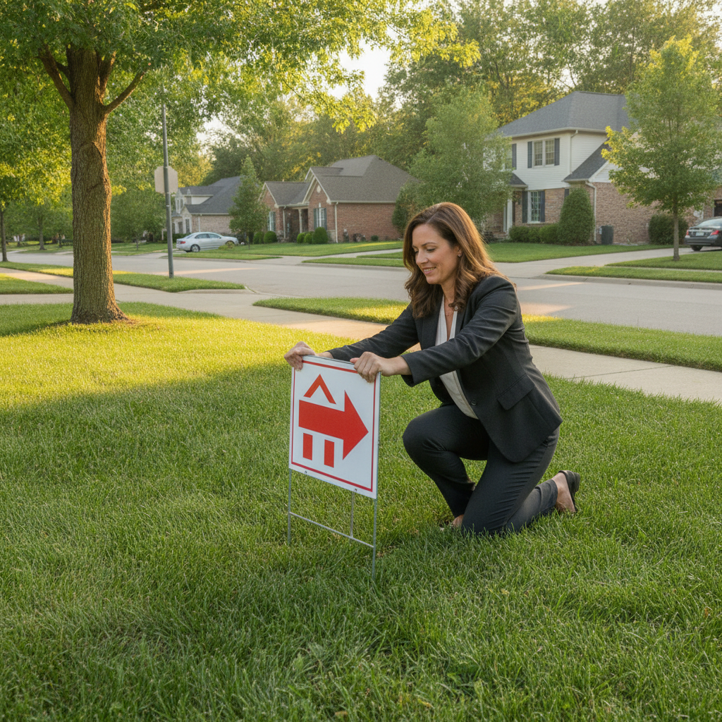 Agent placing a directional open house yard sign in Mississauga after same day printing pickup