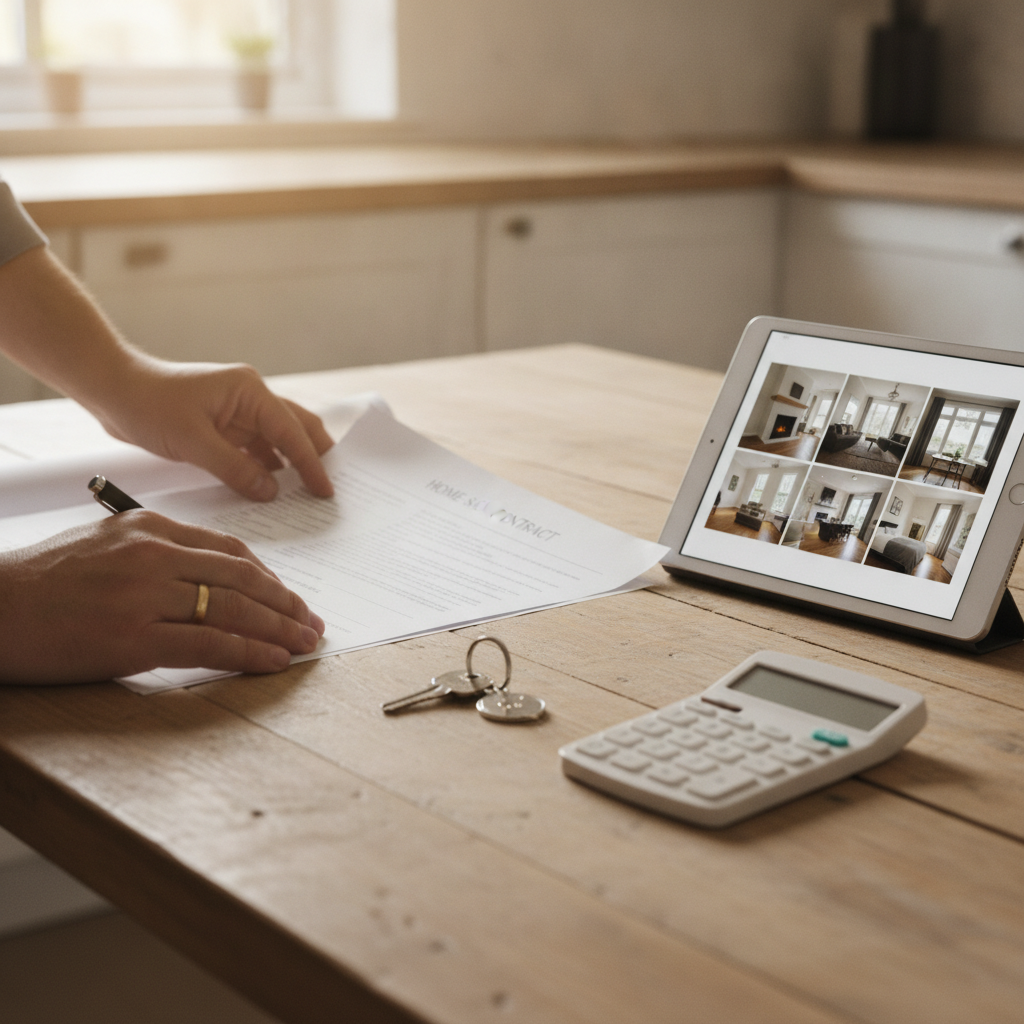 Brampton home seller reviewing a listing plan with keys, calculator, and tablet; questions to ask when selling a house in Brampton