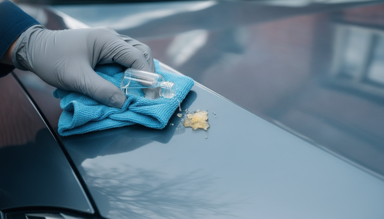 Close-up of safe tree sap removal with microfiber, isopropyl alcohol, and clay bar on glossy car paint