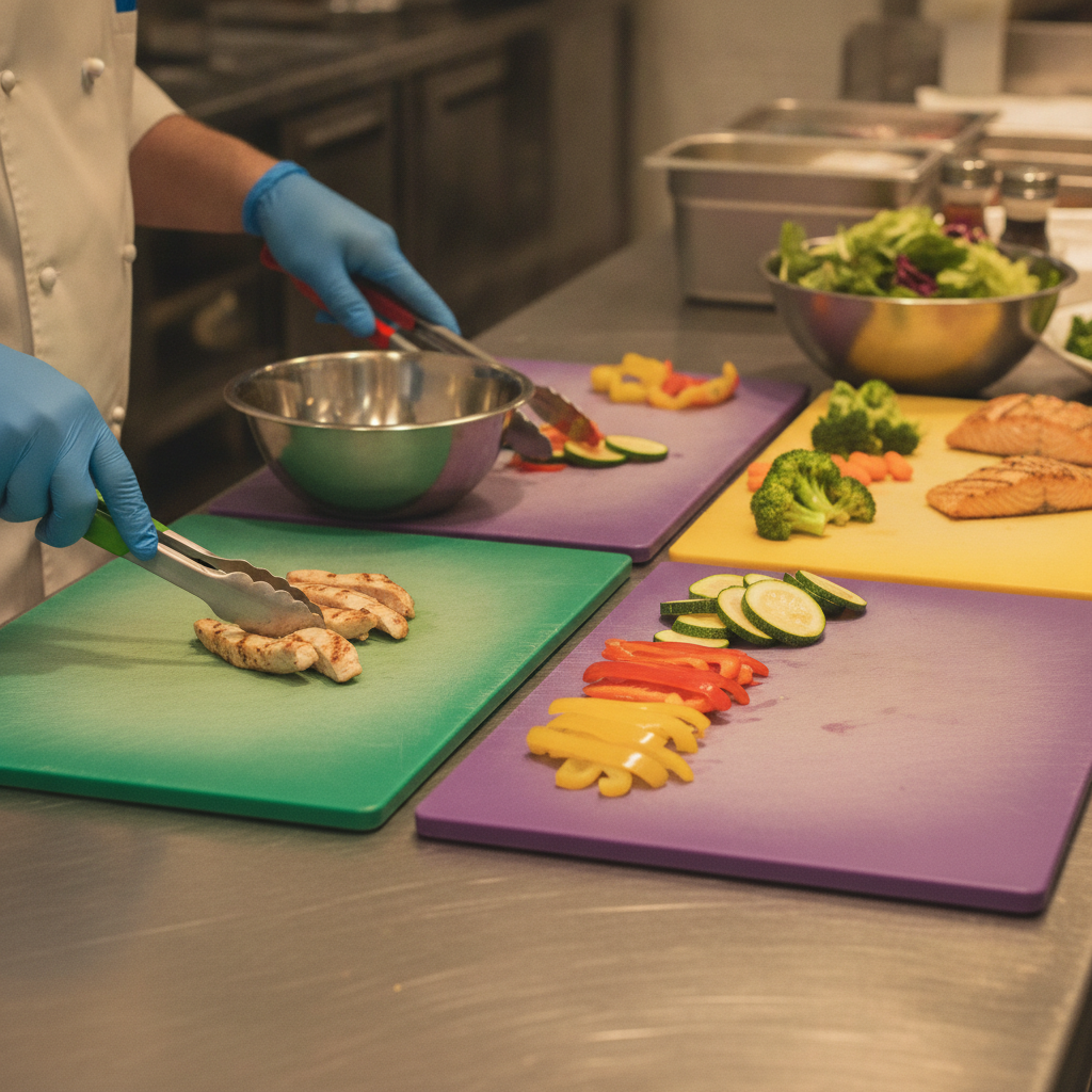 Close-up of safe gluten-free prep with separate utensils and color-coded cutting boards for Toronto office catering