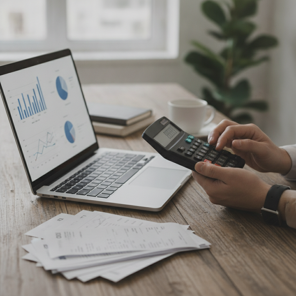 Bookkeeping close-up: reconciling transactions on laptop and calculator in Parramatta, showing the difference between accounting and bookkeeping