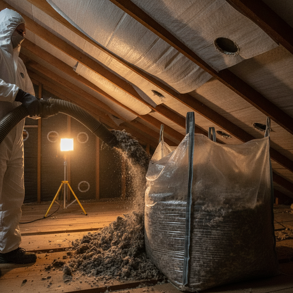 Attic insulation removal using a large vacuum hose with soffit baffles visible to preserve ventilation