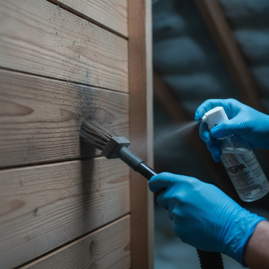 Close-up of attic remediation: HEPA vacuuming and antimicrobial treatment on wood sheathing in Scarborough home