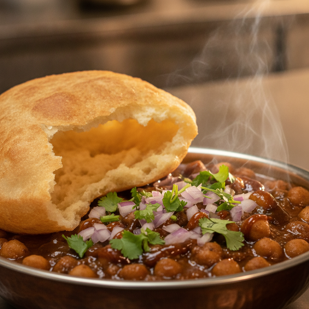 Close-up of chole bhature: fluffy bhature with spiced chickpea chole, a signature North Indian street food in Brampton
