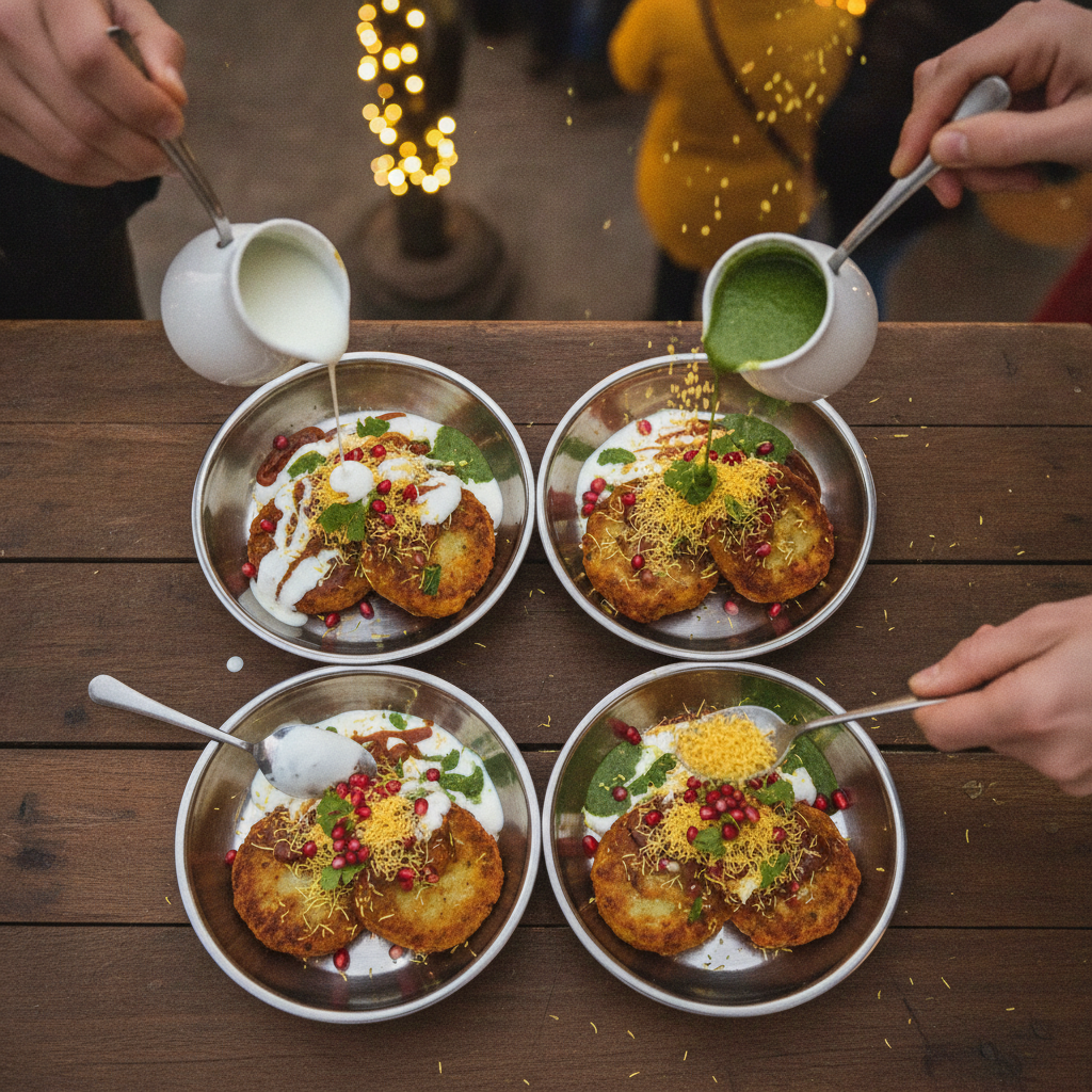 Top-down aloo tikki chaat assembly with yogurt, green and tamarind chutneys, and sev for Brampton catering