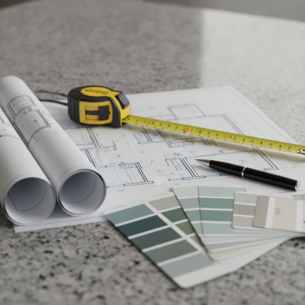 Floor plans, measuring tape, and pen used to compare home listings in North York with a buyer’s worksheet