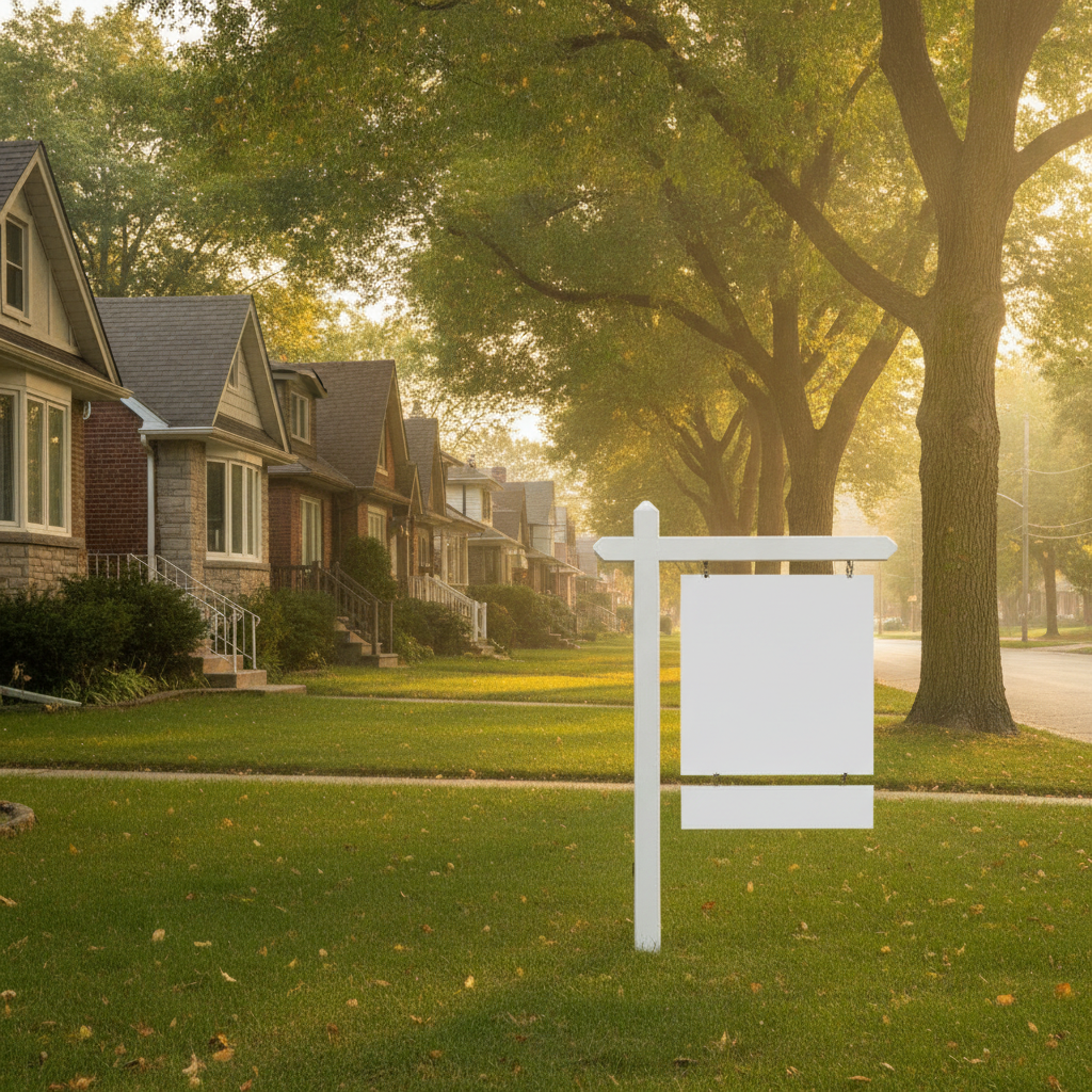 Quiet North York residential street with detached homes and an empty lawn sign at golden hour