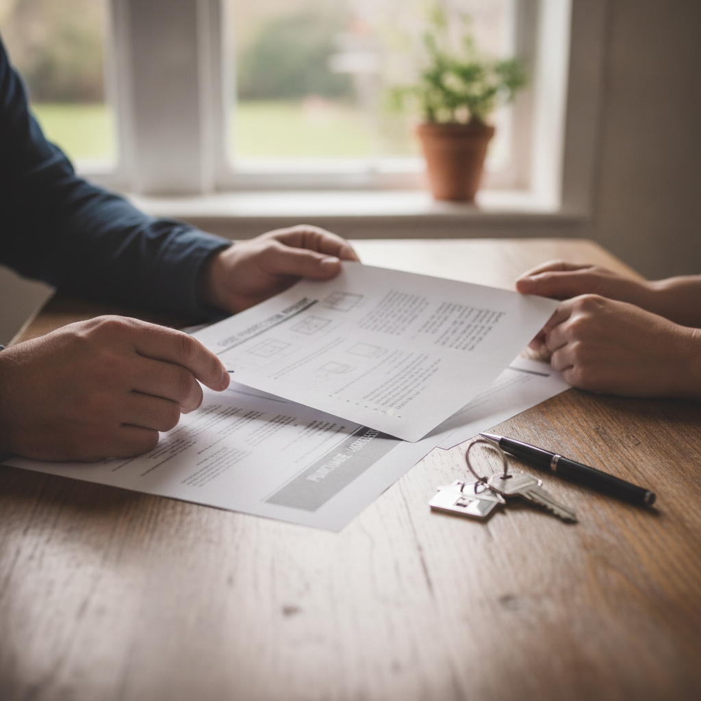 Buyer’s agent reviewing a home inspection report and purchase agreement with clients