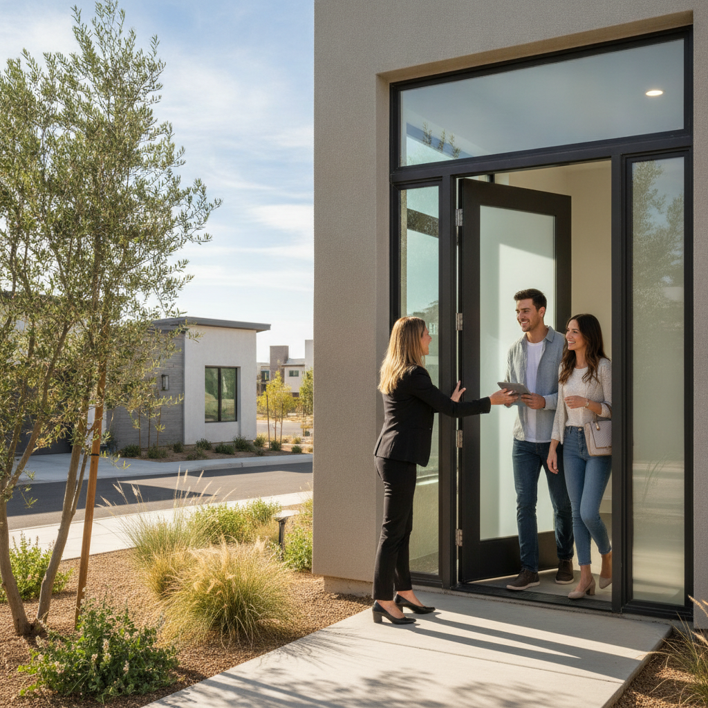Buyer’s agent opening a newly built home for a client tour