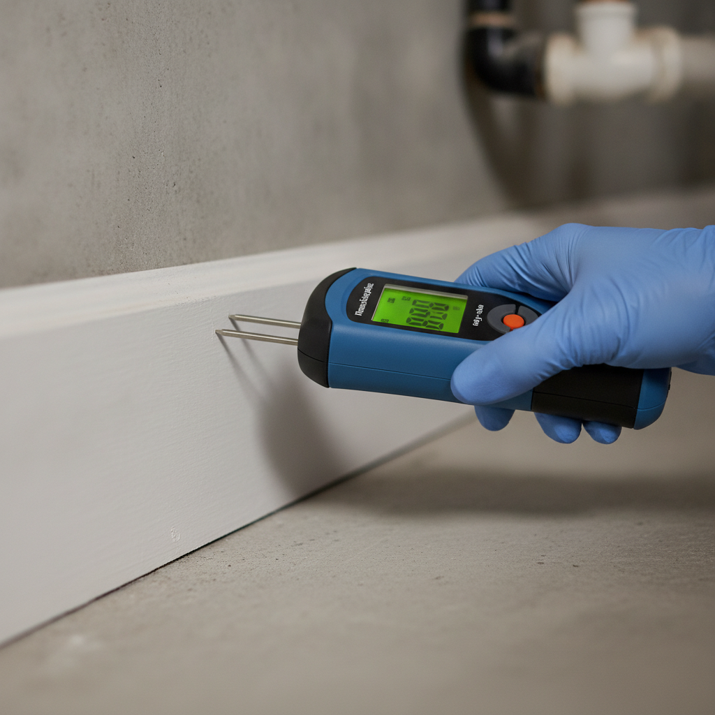 Close-up of a pin-type moisture meter reading at a GTA basement baseboard during a residential home inspection