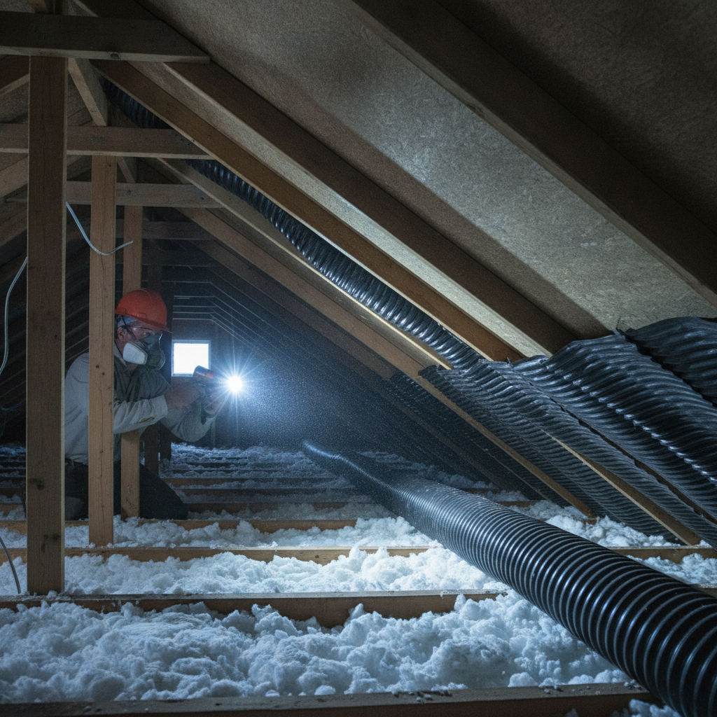 Inspector assessing attic insulation and ventilation baffles during a Toronto attic inspection