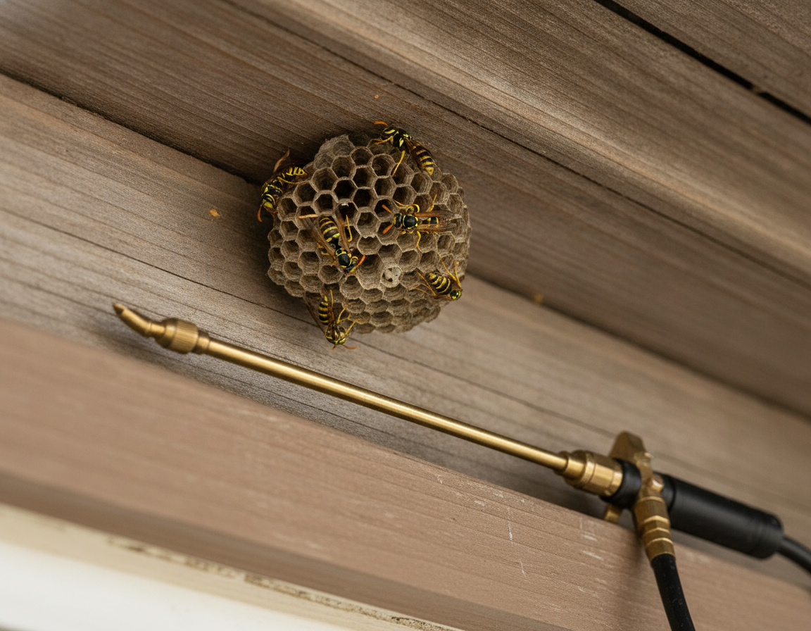 Close-up of an active wasp nest under a wooden soffit in Oshawa, illustrating access and safety planning for nest removal
