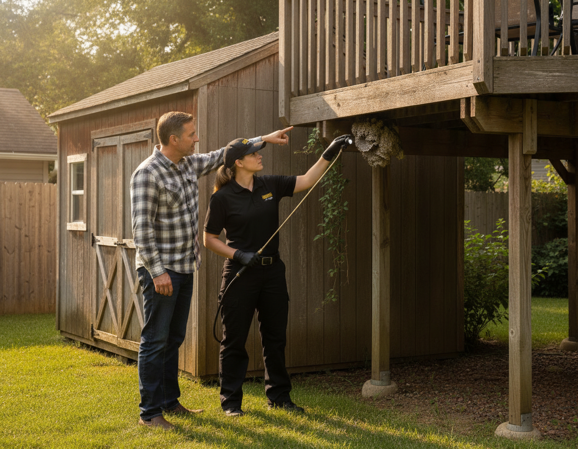 Pest control technician advising an Oshawa homeowner beside a backyard shed and deck about hidden wasp nest locations