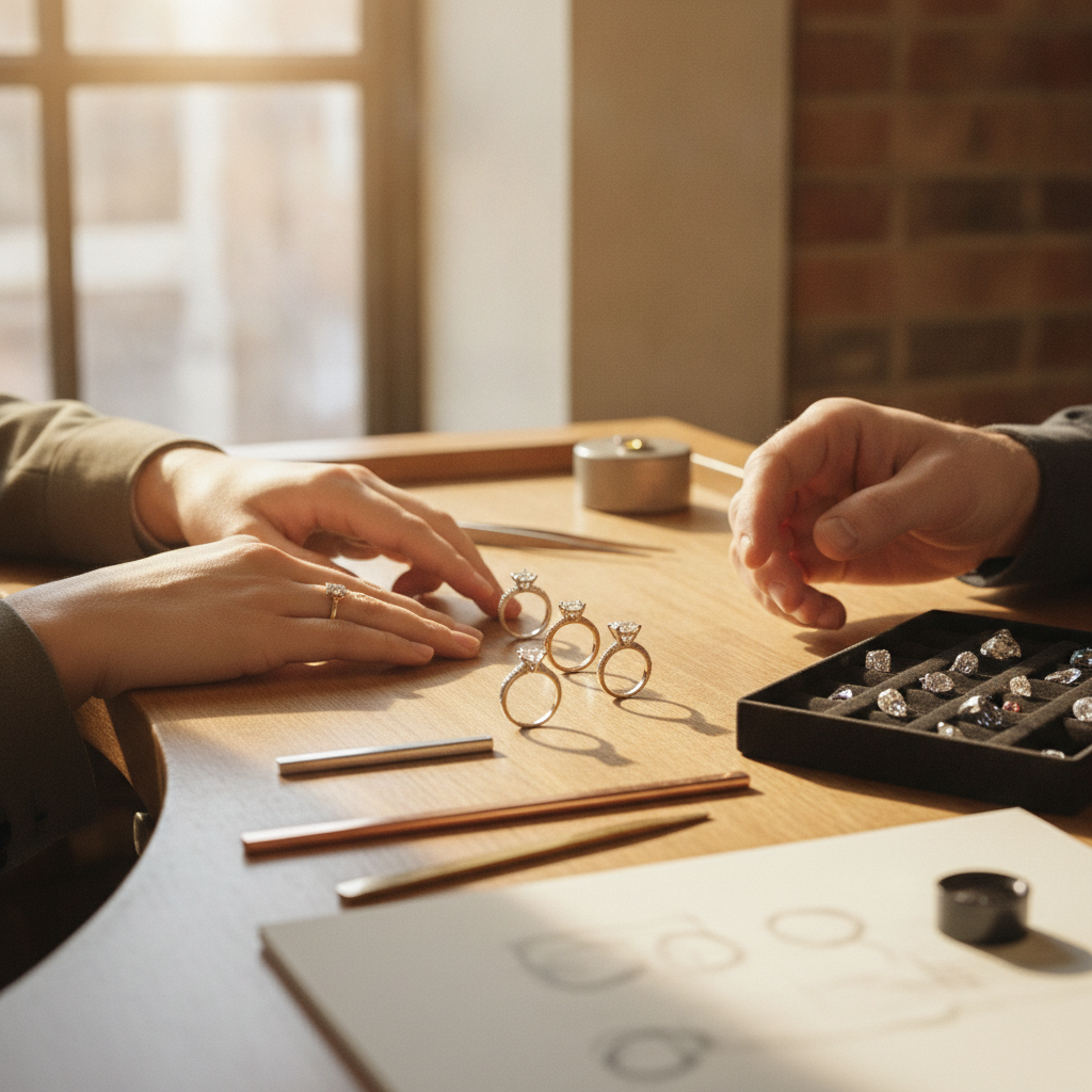 Couple reviewing lab made engagement ring settings and metal colors on a jeweler's bench