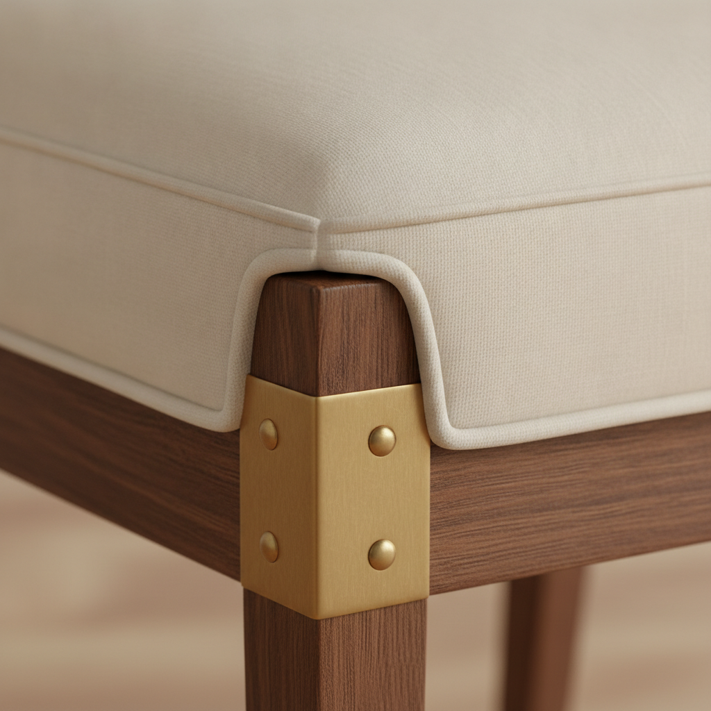 Detail of high-end dining chair joinery and stitching demonstrating quality construction