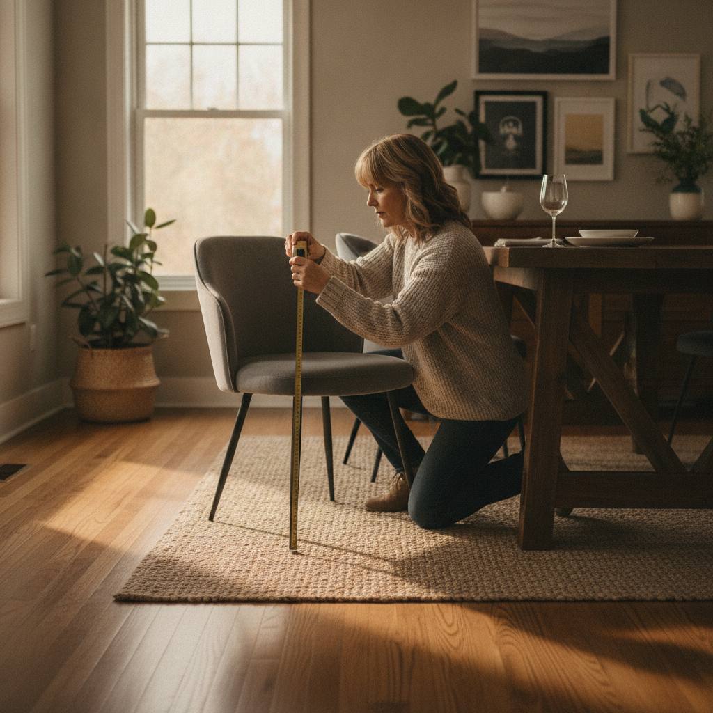 Homeowner measuring seat height of a dining chair to match a modern dining table