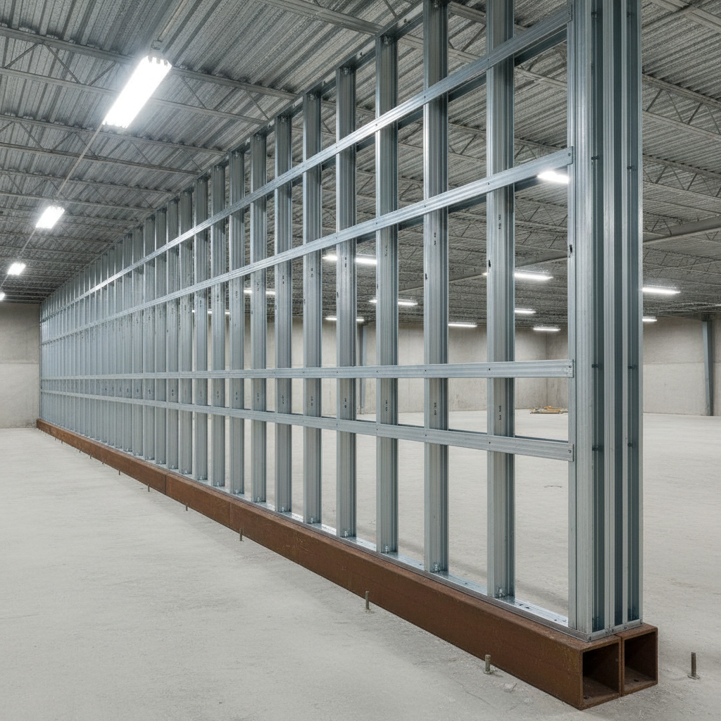 Steel stud wall assembly with deep floor track, slotted deflection head track, and bridging channel across various stud widths