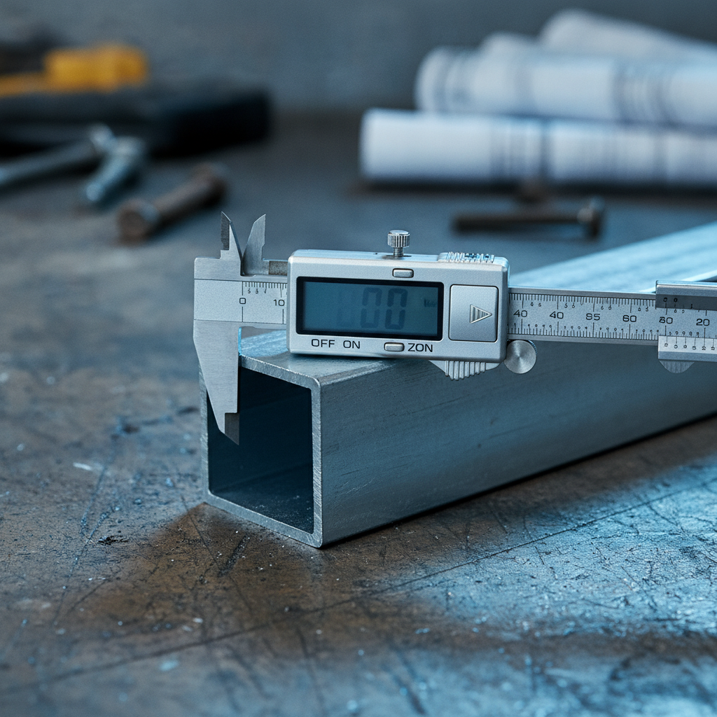 Close-up measuring web width on a C-shaped stud with calipers for accurate steel stud widths selection
