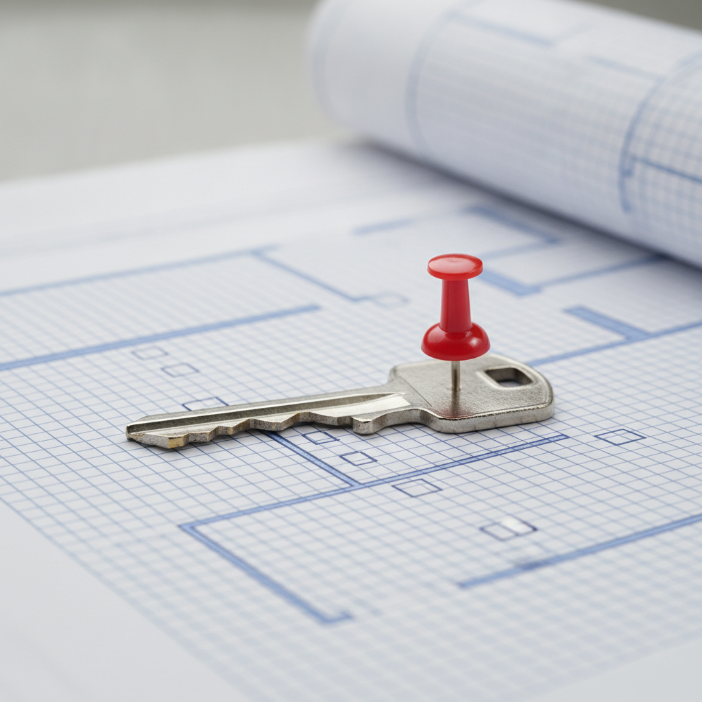 Close‑up of a house key and location pin on a printed home search criteria checklist used by Edmonton buyers