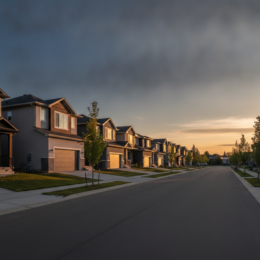 Edmonton new‑build streetscape illustrating buyer filters like parking, lot access, and winter‑ready design