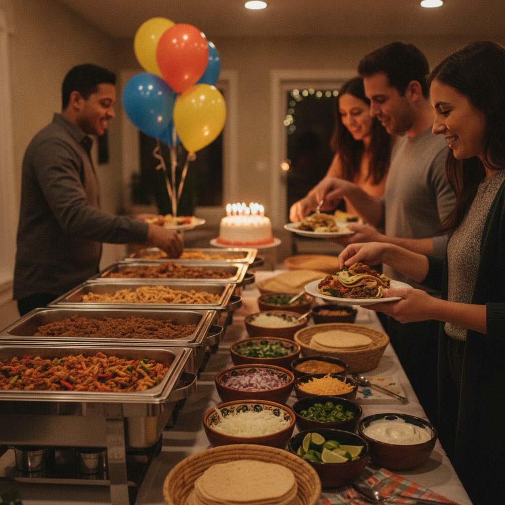 Self-serve taco bar buffet at a birthday party with warm chafers and colorful toppings from a Mexican restaurant caterer
