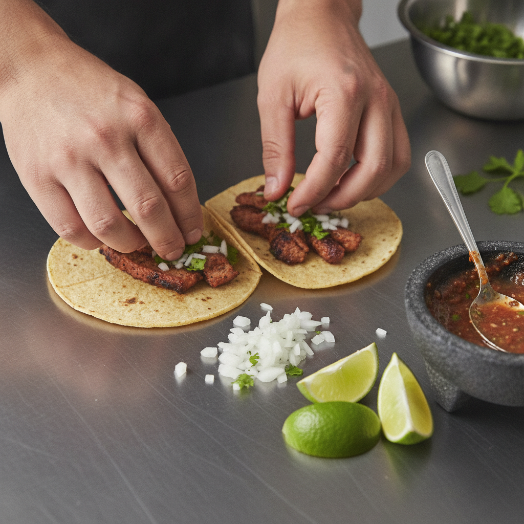 Close-up of tacos being assembled for birthday catering: grilled meats, cilantro, diced onion, and lime in an Old Toronto restaurant kitchen