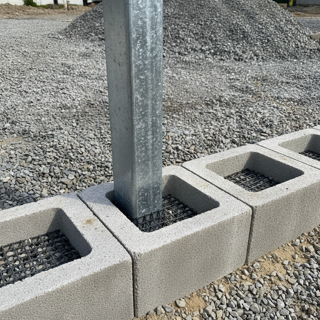 Close-up of fence post and geogrid detail showing proper fence and retaining wall coordination in Mississauga