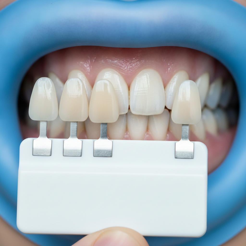 Close-up of dental shade guide during professional teeth bleaching with a dentist in Scarborough