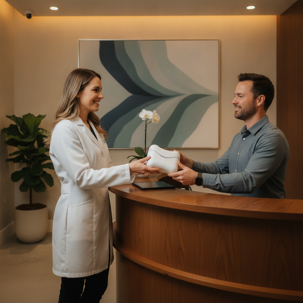 Dentist providing custom whitening tray to a patient at a Scarborough dental clinic reception