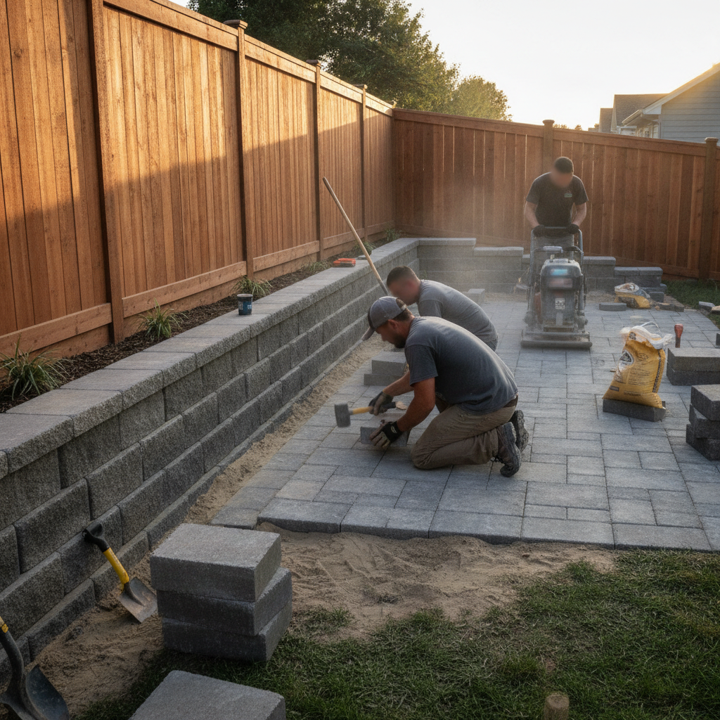 Crew placing interlocking pavers beside a new retaining wall with cedar fence, illustrating coordinated hardscaping in Mississauga