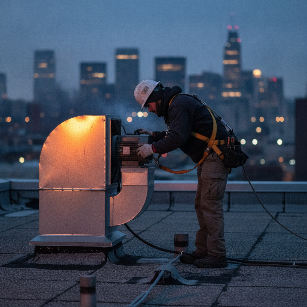 Rooftop exhaust fan and duct maintenance performed by a certified contractor for NFPA 96 compliance in Ontario