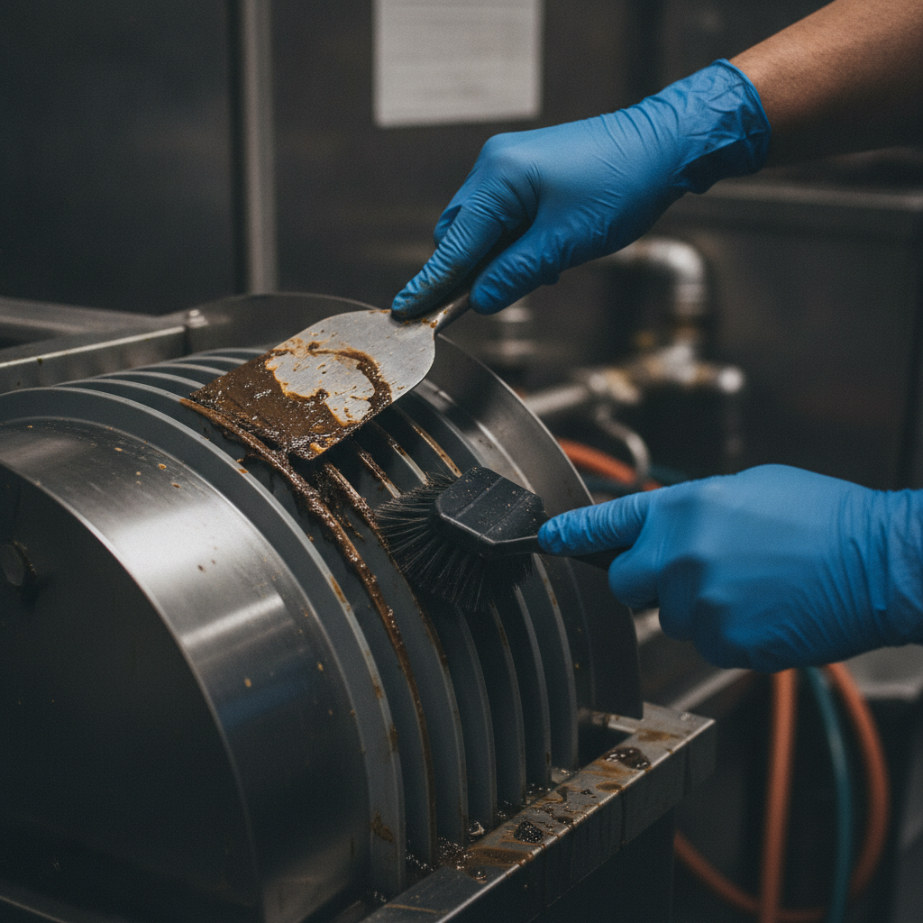 Grease trap cleaning close-up as part of a restaurant health code cleaning checklist for Ontario kitchens
